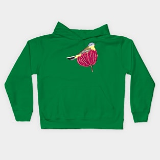 Artwork of a Western Yellow Wagtail sitting in a flower I Kids Hoodie